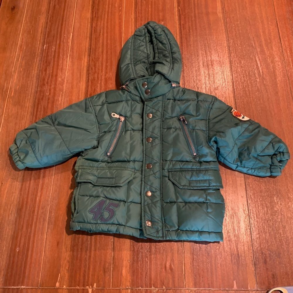Vintage 90s Toddler Boys Puffer Snow Ski Coat Jacket Green Elbow Patches 2T
